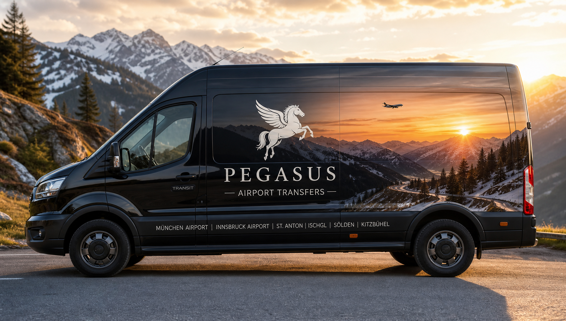 Pegasus Ford Transit Shuttle-Van im Schwarz-Gold-Branding auf einer Tiroler Alpenstraße