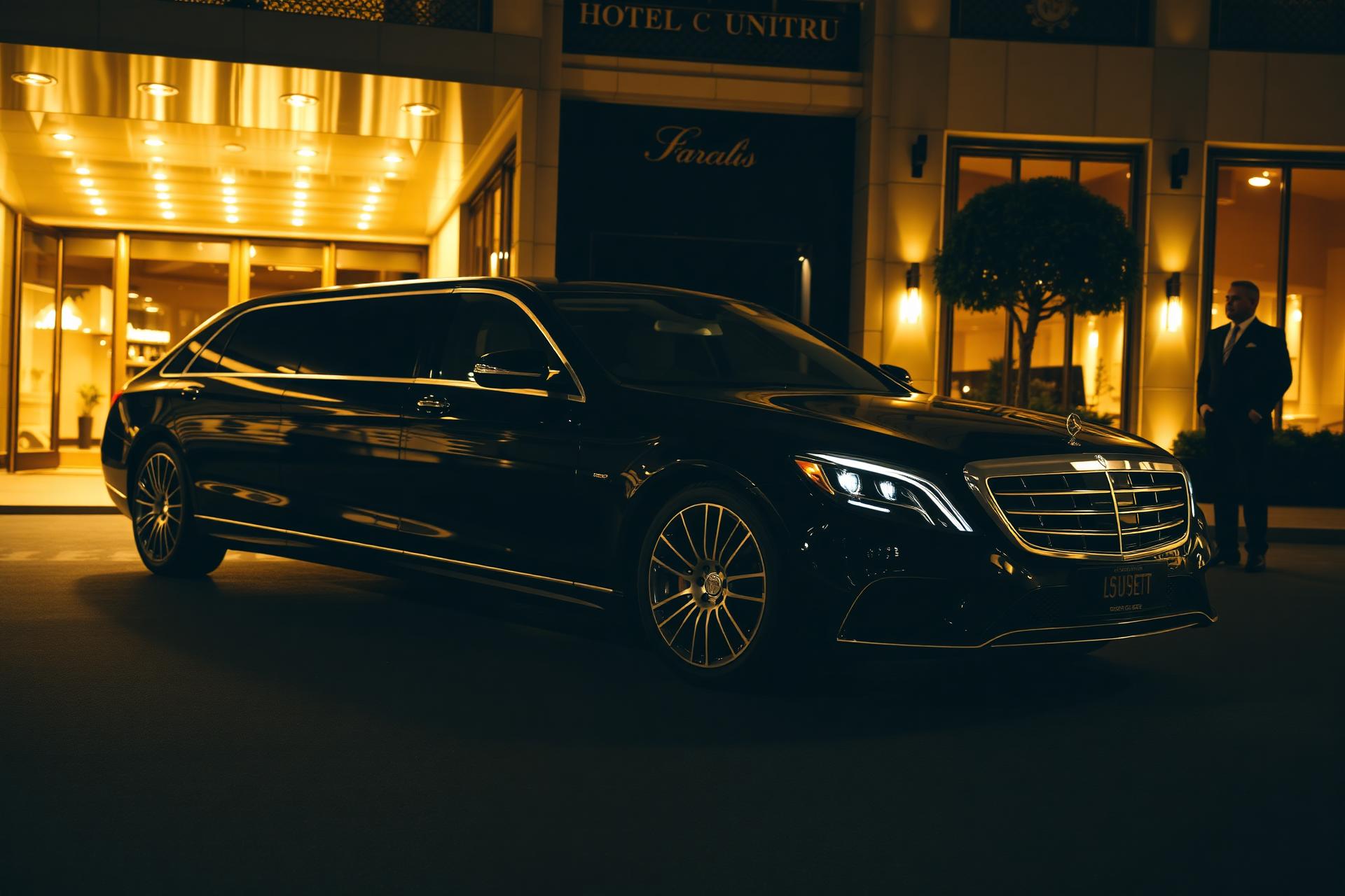 Luxury limousine in front of a hotel entrance